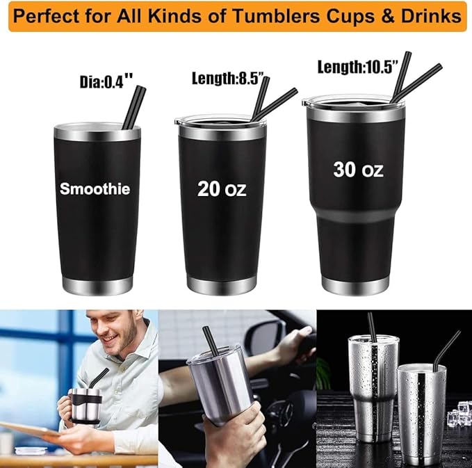 Vinaco Reusable Smoothie Straws & Milkshake Straws 0.4" Wide Mouth Straw, Set of 6 Stainless Steel Straws 8.5"&10.5" with 1 Long Straw Cleaner Brush，Black Metal Straws for Jumbo Thicker Drinks