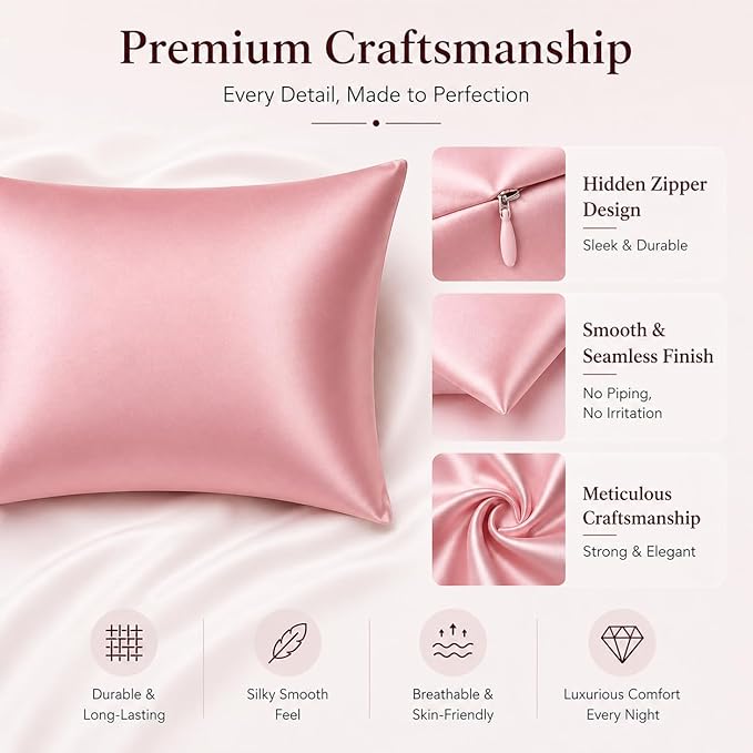 Premium Natural Mulberry Silk Pillowcase for Sleeping Women Made in USA, 22 Momme Pure Silk Pillow Cases with Zipper Standard Size, Oeko-TEX Certified, 1 Pc 20"x26" (Standard, Dusty Rose)