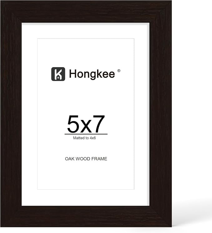 Hongkee 5x7 Oak Wood Picture Frame 1 Pack(Matted 4x6), Real Glass Cover | Black, 5 x 7 Solid Wood Frame for Wall or Tabletop Display - Includes Easel Back, Vertical Hang - Ideal for Home, Office