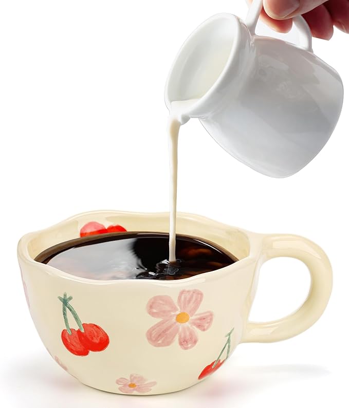 Yopay 2 Pack Ceramic Coffee Mug with Spoon, 8oz Handmade Hot Chocolate Mugs, Cute Cup for Girl Microwave Safe, Aesthetic Tea Milk Cup with Handle for Latte, Cocoa, Gift, Mom(Cherry flower)