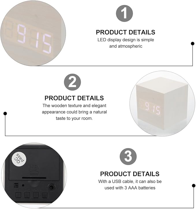 Healifty Wooden Digital Alarm Clock with Dual Led Display and Temperature Compact 2.55 Inch USB Powered Mini Clock for Bedroom and Desk Use