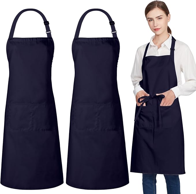 Jubatus 2 Pack 100% Cotton Aprons with 2 Pockets Cooking Chef Kitchen Adjustable Bib Apron for Women Men, Navy Blue