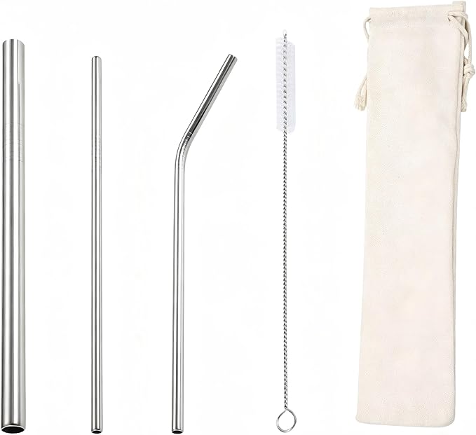 Food Grade 304 Stainless Steel Straw Set, Titanium Plated Colorful Reusable Metal Straws with Cleaning Brush for Coffee, Tea & Beverages (Silver)