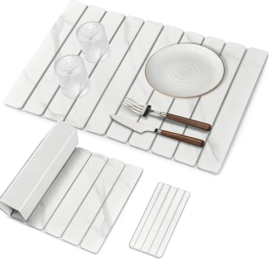 Large Stone Dish Drying Mats for Kitchen Counter, Quick Dry Dish Drying Mats, Foldable Absorbent Diatomaceous Earth Mats for Dishes Cups, Match Any Countertop (24"×16" & 8"x4" White Marble )