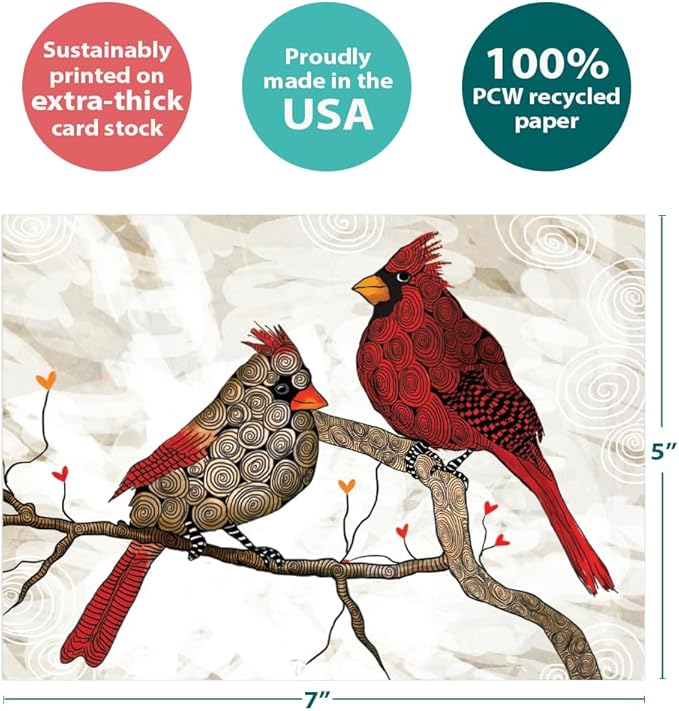 Tree-Free Greetings Holiday Greeting Card with Matching Envelope, Eco Friendly, Made in USA, 100% Recycled Paper, 5" x 7", Cardinals Flitting (GO64224)