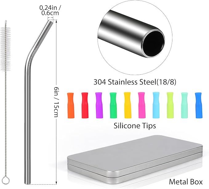 [10 Pcs] 6 Inch Reusable Metal Straws - 18/8 Stainless Steel Bendy Straw for Cocktail Coffee, Package with 10 Colors Silicone Tips and Metal Case, Short Straws for Cocktail Glasses and Coffee Mugs