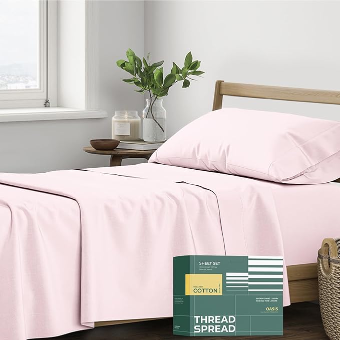 THREAD SPREAD 100% Organic Cotton Sheets Twin Size - 3 PC Organic Cotton Twin Size Percale Weave Sheet Set, Soft, Cooling, Crisp & Breathable, 16" Deep Pocket Bedding Set for Dorm Room - Blush