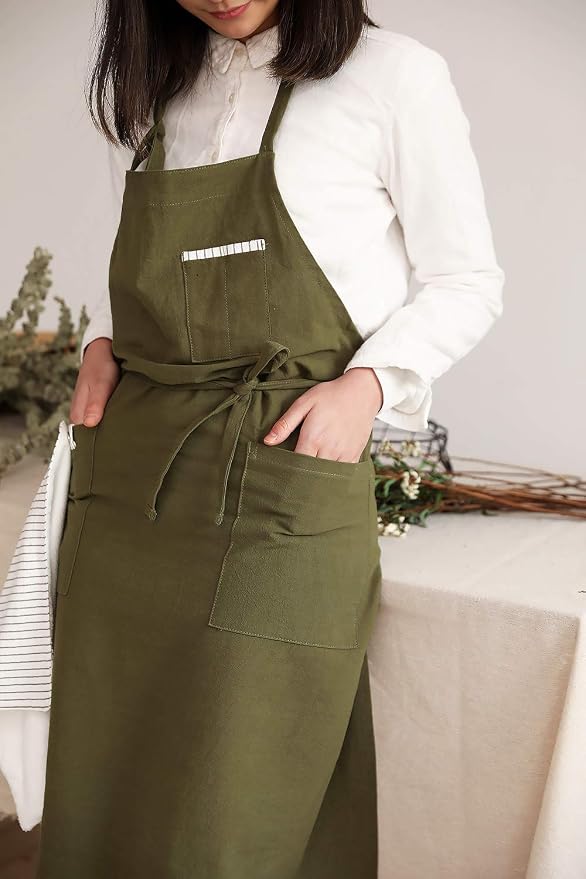 Adjustable Japan Nordic Style Soft Cotton Linen Apron with Four Pockets A Towel