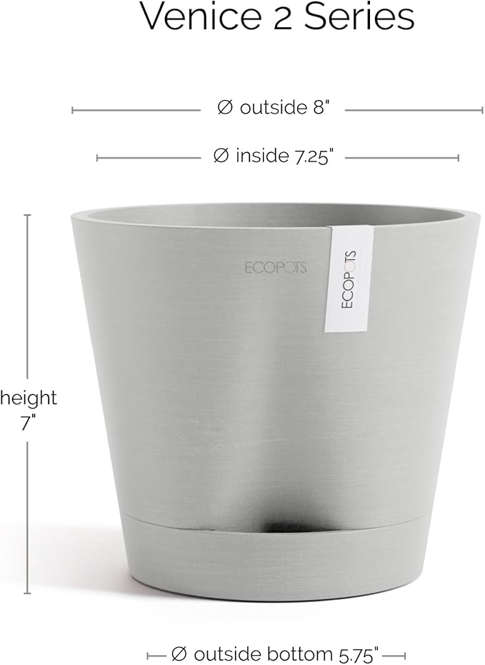 Ecopots Venice 2 Durable Modern Round Indoor/Outdoor Recycled-Based Composite Flower Pot Planter w/Water Reservoir, White Grey, 8"