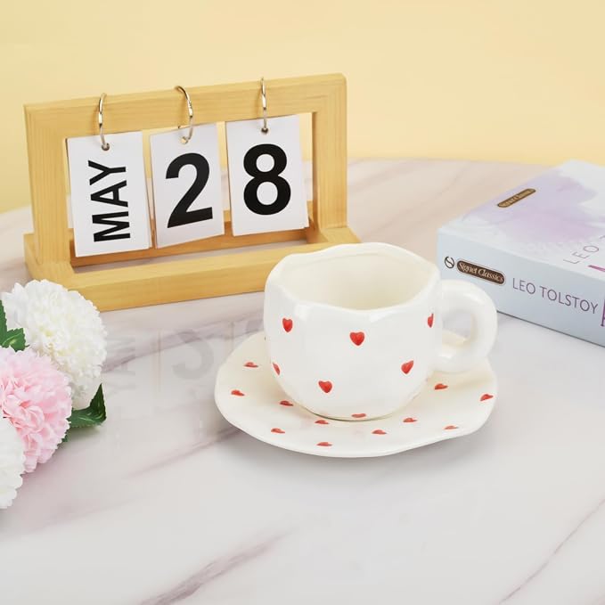 Koythin Ceramic Coffee Mug with Saucer, Cute Red Heart Cup for Women for Office and Home, Couple Cups for Girlfriends, 10 oz/300 ml for Latte Tea Milk (Small Red Heart)