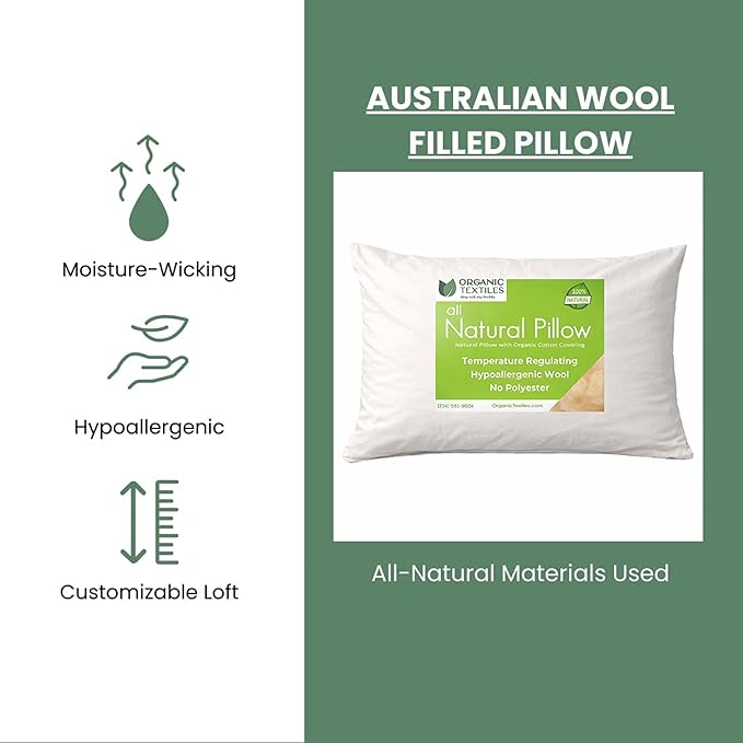 ORGANIC TEXTILES 100% Natural Wool Pillow with Organic Cotton Cover, GOTS Certified - (Queen - Pack of 1)