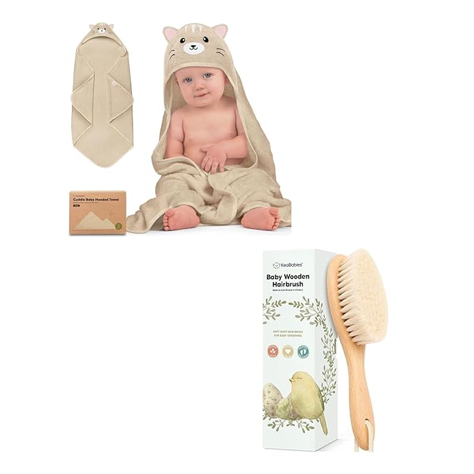 KeaBabies Baby Hooded Towel and Baby Hair Brush - Soft Bath Towels with Hood for Kids and Infant, Wooden Hairbrush with Soft Goat Bristles for Cradle Caps