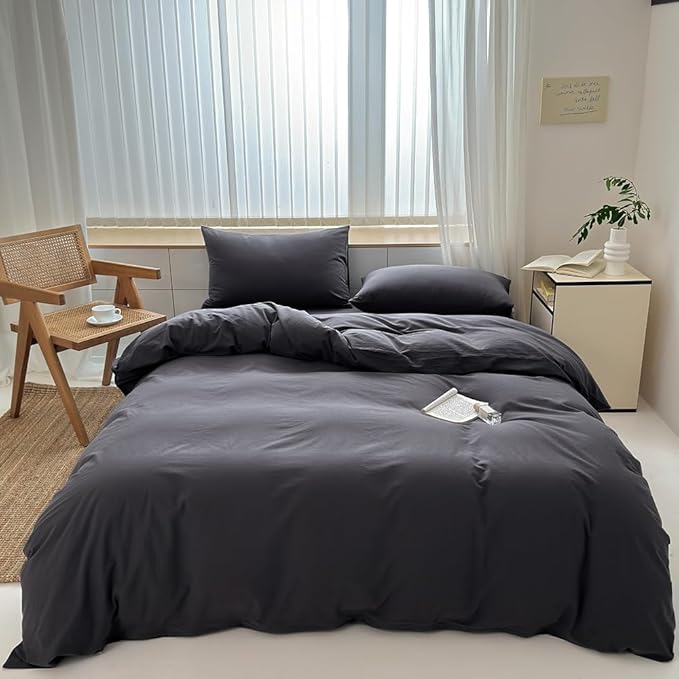 FACE TWO FACE Bedding Duvet Cover Set100% Washed Cotton Duvet Cover Linen Like Textured Breathable Durable Soft Comfy (Queen, Volcanic Black)