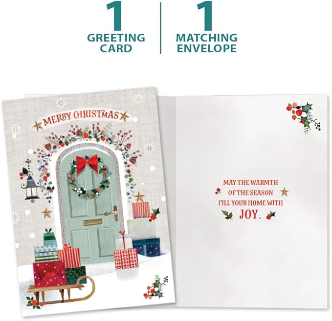 Tree-Free Greetings - Season's Greeting Card - Artful Designs - 1 Card + Matching Envelopes - Made in USA - 100% Recycled Paper - 5 x 7 - Festive Door (VO80665)