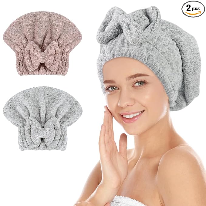 SUNLAND Large Microfiber Hair Drying Caps with Bow knot Fast Drying Shower Cap Soft and Absorbent hairWrap Hair Turban Bath Caps for Curly Thick and wet Hair 11 X 13.4 inch 2 Pack Multicolor