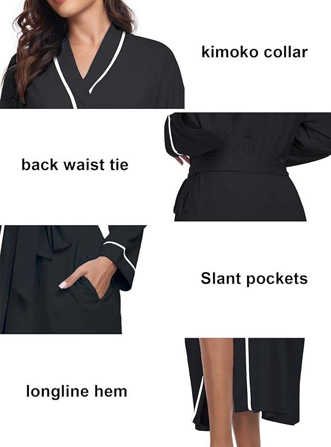 COLORFULLEAF 100% Cotton Women's Robes Summer Lightweight Kimono Soft Long Cotton Bathrobe for Women with Pockets
