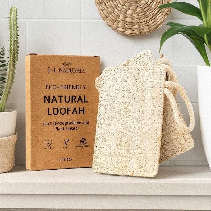 J&L Naturals Natural Loofah Pad 2-Pack, Pure Natural Loofah, Cotton, Biodegradable, Exfoliating