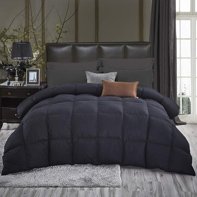 Luxurious Palatial King/Super King Goose Down Comforter, 120 X 90 inches, Unique Black Solid, 600 Thread Count, 100% Egyptian Cotton Cover, 85 Oz Fill Weight, 750 Fill Power