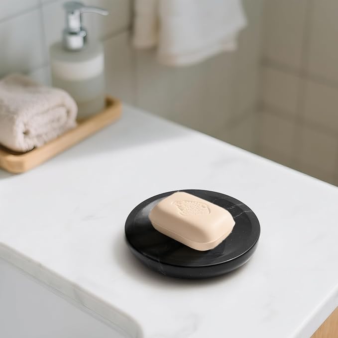 Marble Soap Dish Italy Natural Stone Sponge Holder for Bathroom Tub Shower Kitchen Sink, Handcraft Round Soap Case Organizer Trinket Plate Jewelry Tray Coaster for Home Decor Black (DL007)