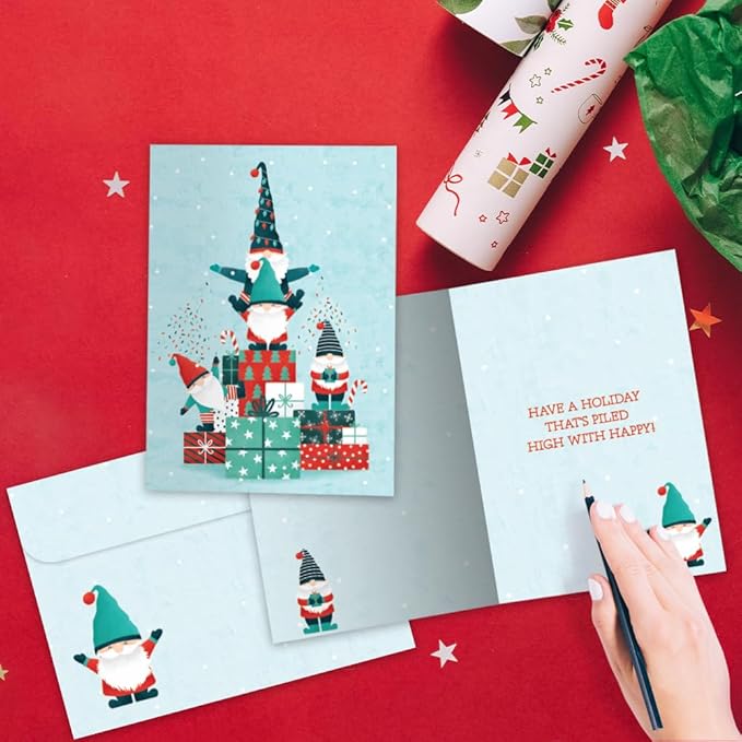 Tree-Free Greetings - Happy Holidays Greeting Cards - Artful Designs - 12 Cards + Matching Envelopes - Made in USA - 100% Recycled Paper - 5"x7" - Gnomes Piled High (HP60617)