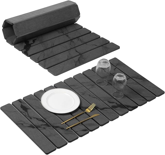 Extra Large Stone Dish Drying Mat for Kitchen Counter, Quick Dry Stone Dishes Mats, Foldable Water Absorbing Diatomaceous Drying Pad for Countertop Bottles Utensils Cups Bathroom(Dark Gray 32"×16"）