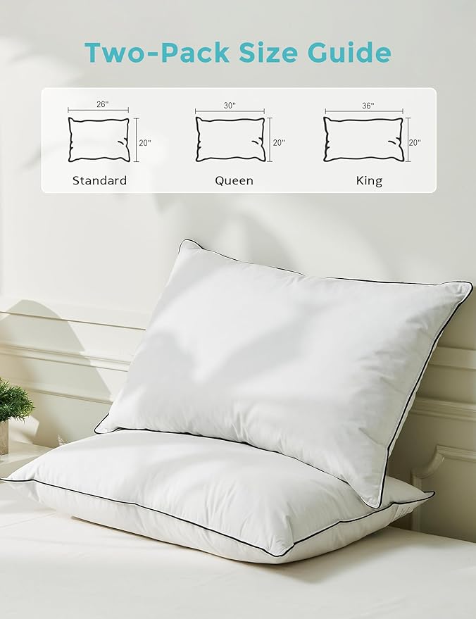 Goose Down Pillows Standard Size Set of 2 with 100% Organic Cotton Cover, Luxury Hotel Bed Pillows for Sleeping, 3-Chamber Design Medium Support for Side & Back Sleepers, 20x26 Inch