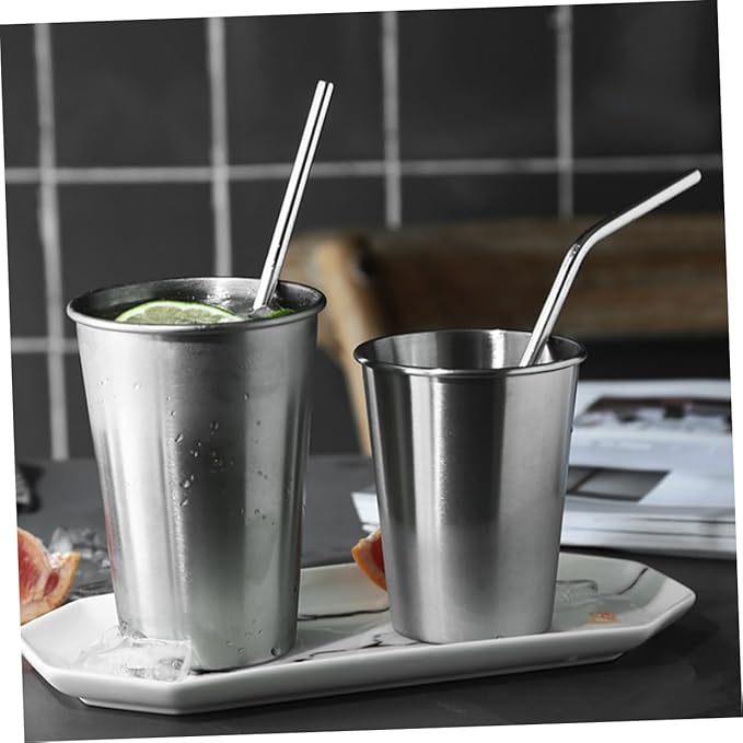 304 Stainless Steel Reusable Drinking Straws Set 8pcs Curved and Straight Straws with Food-Grade Silicone Tips Includes Cleaning Brush for Smoothies and Bubble Tea