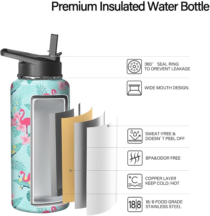 18oz Flamingo Water Bottle with Handle and Flip Straw, Animal Sports Stainless Steel Insulated Cup Travel Coffee Mug Tumbler, Birthday Mothers Day Chritmas Gifts for Women