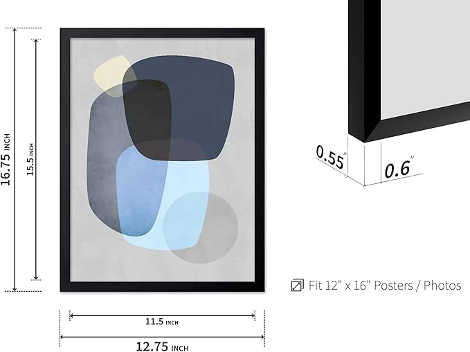 Monem Art Abstract Blue Shapes Print - Scandinavian Minimalist Art Poster - Wall Decor for Living Room, Bedroom or Office - 12x16 Black Framed Wall Art by Mareike Bohmer