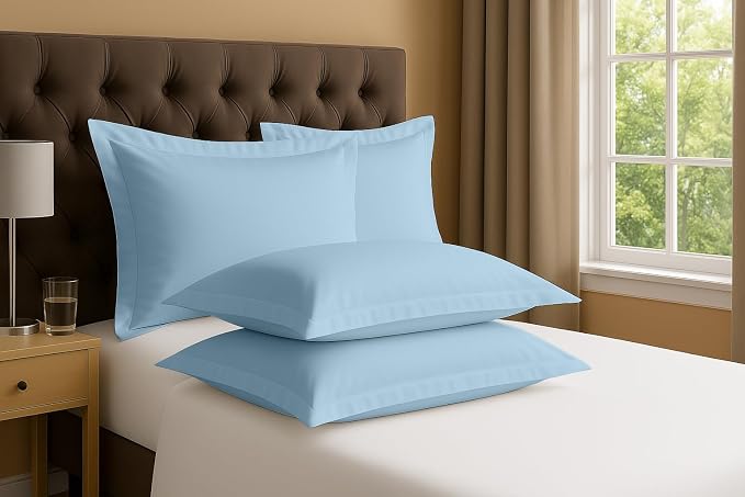 2 Pack Pillow Shams Queen Size 20x30 – 600 Thread Count 100% Organic Cotton Sky Blue Pillow Covers with 2 Inch Flange, Soft & Smooth Premium Hotel-Quality Pillowcases Set of 2