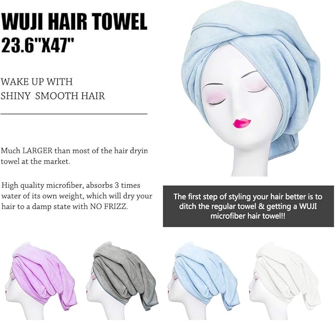 Super Absorbent Anti-Frizz Microfiber Hair Towel Hair Wrap Curly Hair Drying Towel 23.6''x47'' Large Multifunction Towel for Bath Spa Makeup, Light Blue