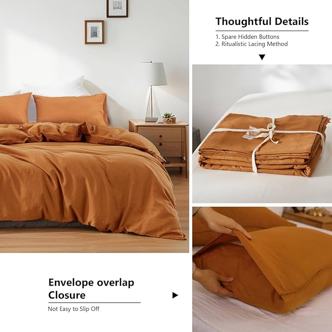 FALUCA French Linen Blend Duvet Cover Set 3Pcs King (104"x92") - Soft, Breathable, Cooling Farmhouse Bedding for Hot Sleeper (King, Rust)