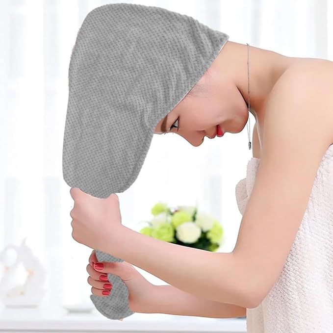 Microfiber Hair Towel Wrap for Women 2 Pack Hair Wrap Towels Anti Frizz Large Hair Drying Towel with Button Grey Hair Turban Towel for Curly Hair Straight Wavy Wet Hairs Quick Dry Hair Towel for Girl