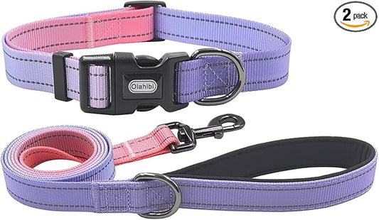 Dog Collar Leash Set, Gradient Color, with Safety Reflective Strips, 5 ft Matching Leash, Neoprene Padded Handle, Adjustable 4 Sizes for Small Medium Large Dogs.(M, Lilac Pink)