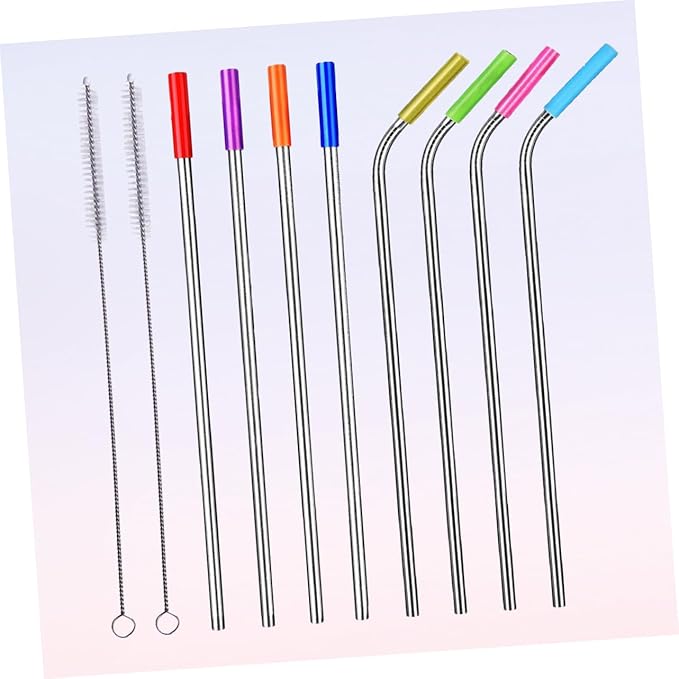 Unomor 8-Piece Reusable Stainless Steel Drinking Straws Set 304 Food-Grade Steel with Silicone Tips for Smoothies Bubble Tea Includes Straight and Curved Straws with Cleaning Brush