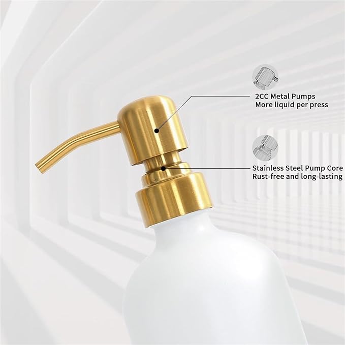 Liquid Dispenser Soap Dispenser Set Glass with Stainless Steel Pump Countertop Soap Bottle(Gold Pump+White Bottle)
