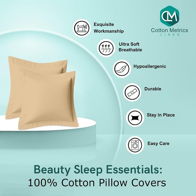 2 Pack Euro Pillow Shams 24x24 – 600 Thread Count 100% Organic Cotton Taupe Square Pillow Covers with 2 Inch Flange, Soft & Smooth Premium Hotel-Quality Pillowcases Set of 2