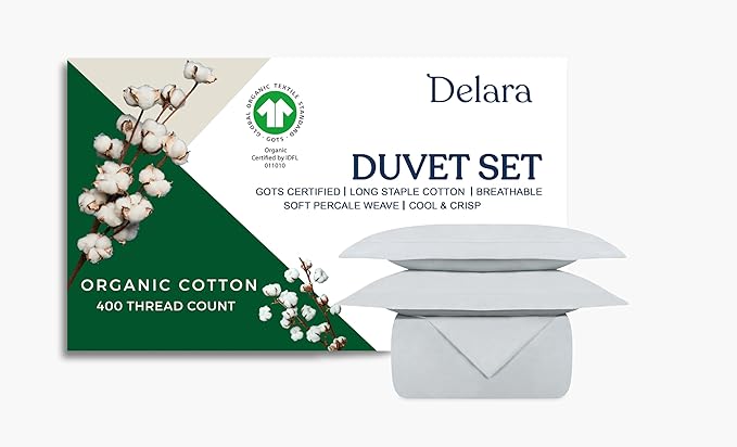 GOTS Certified 100% Organic Cotton Percale Duvet Cover Set 400TC, Ultra Soft, Smooth & Breathable, Duvet for Hot Sleepers with 8 Internal Ties, (Light Blue, Twin - 2 Piece with 1 Standard Sham)