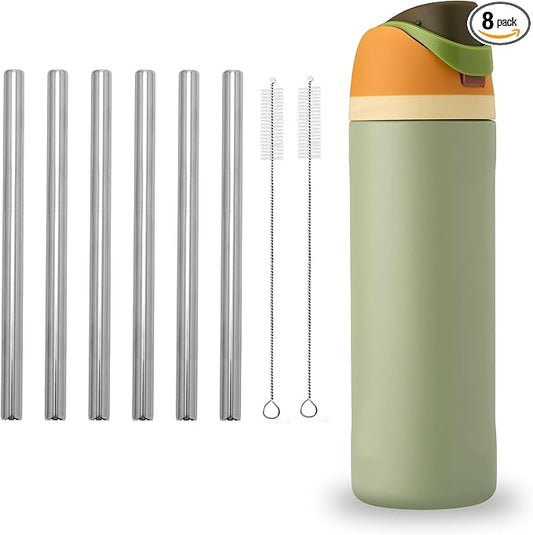 6pcs Stainless Steel Straw Replacement for 16oz Water Bottle, Includes 2 Cleaning Brushes, Reusable and BPA-Free Metal Straws