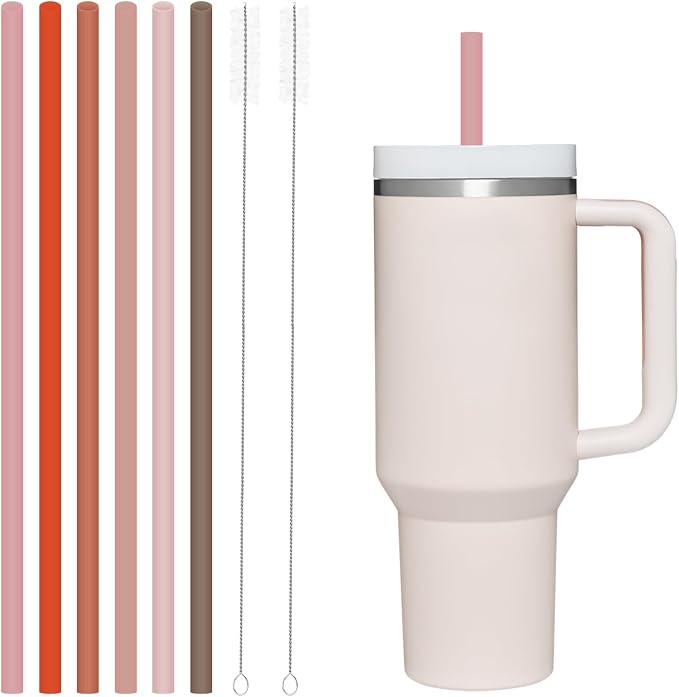 6 Pack Reusable Silicone Straws Compatible with Stanley 40oz 30oz 20oz Tumblers, 12.2" Long x 0.374" Diameter BPA-Free Drinking Straws with 2 Cleaning Brushes, Flexible Cuttable Teeth-Friendly