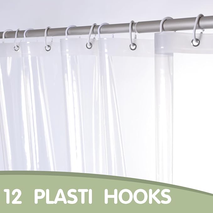 Plastic Shower Liner Clear - PEVA Waterproof Heavy Duty Shower Curtain 8G with Rustproof Grommet and 12 Plastic Hooks- 54x72in (Clear)