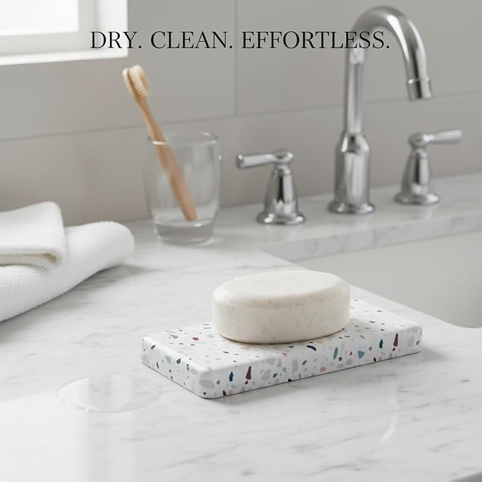 Diatomaceous Earth Soap Dish, Rectangular Stone Bar Soap Holder for Bathroom Sink, Shower Ledge & Kitchen Counter, Absorbent Tray (1 Pack)