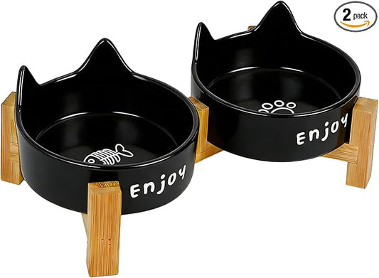 Ceramic Dog and Cat Bowl Set with Wooden Stand Elevated Non-Slip Weighted Anti-Spill Matte Finish for Cats Kittens Small Dogs-Black Cat Ear-6.76 OZ