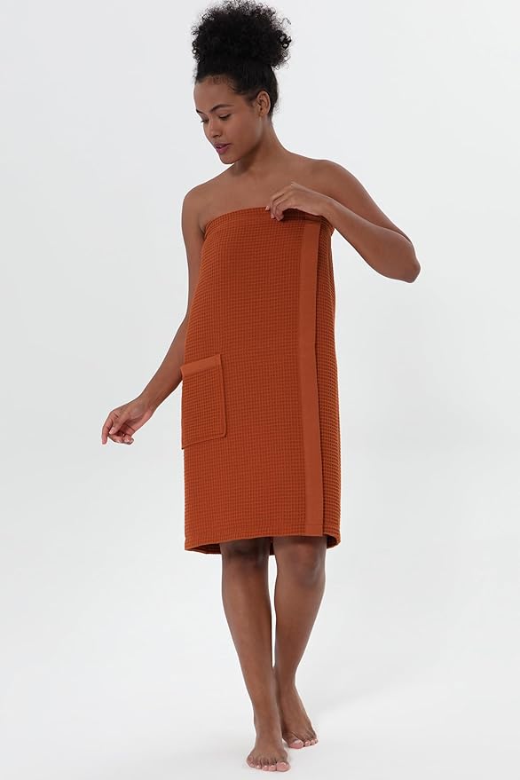 SEYANTE Women's Organic Waffle Spa Wrap, GOTS Certified 100% Turkish Cotton, Lightweight Bath Towel Wrap Adjustable Closure
