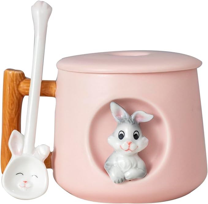 DIHOclub Adorable 3D Ceramic Rabbit Mug with Lid and Spoon Perfect for Coffee, Tea, Milk, and More - Ideal Gift for Bunny Lovers - 14 Ounces (Pink)