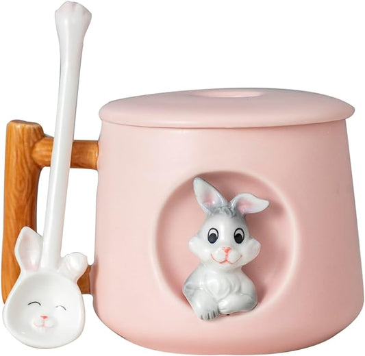 DIHOclub Adorable 3D Ceramic Rabbit Mug with Lid and Spoon Perfect for Coffee, Tea, Milk, and More - Ideal Gift for Bunny Lovers - 14 Ounces (Pink)