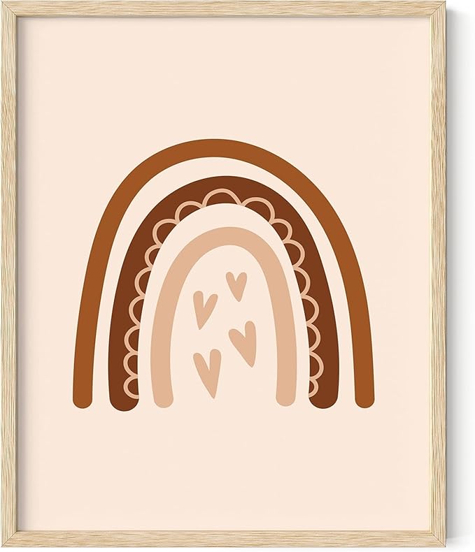 Boho Nursery Rainbow Wall Art with Hearts Earth Tones Terracotta Brown Scandi Minimalist Style 8x10 Inch Oak Wood Beige Framed Playroom Decor Print for Kids Room