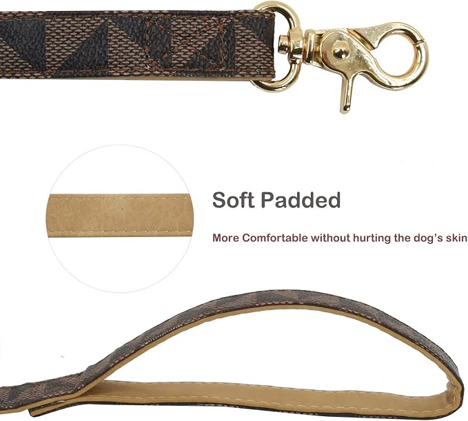 Leather Dog Collar and Leash Set, Check Pattern Dog Collar Leashes Metal Buckle Adjustable Durable for Small Medium Large Dogs (Brown, L(14.5-18.5IN))