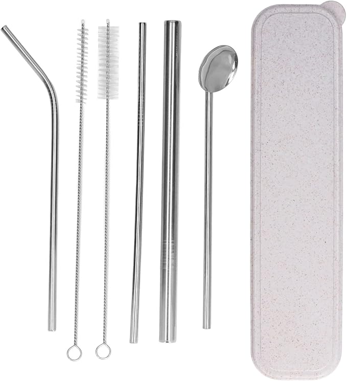Reusable Stainless Steel Drinking Straws Set, Metal Straws Free Dishwasher Safe with 2 Brushes, Ideal for Cocktails Parties Picnics (Silver)