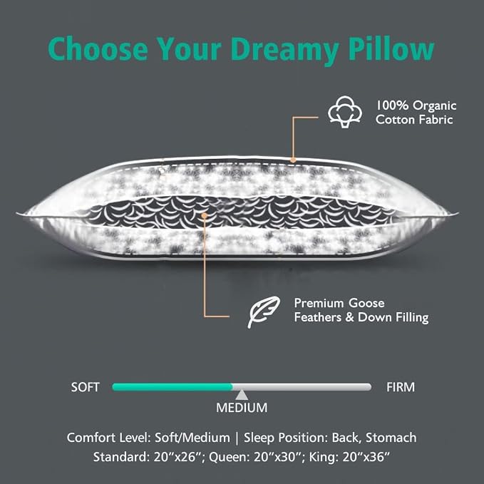 APSMILE Organic Feather Down Pillows Set of 2, Standard Size Bed Pillows for Sleeping with 100% Cotton Cover, 3-Chamber Hybrid Feather Down Core Pillow Surrounded by Polyester for Cushions 20x26